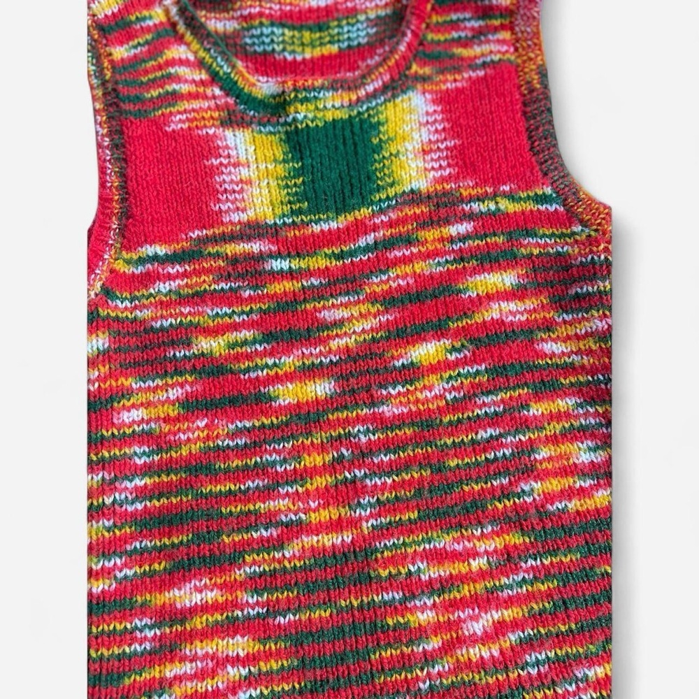 Vintage Handmade Retro 70s Red Green Yellow Knit Sleeveless Sweater Vest - Picture 4 of 5